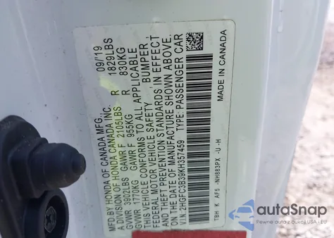 2019 Honda Civic Ex z USA, uszkodzony, nr VIN 2HGFC3B39KH357459